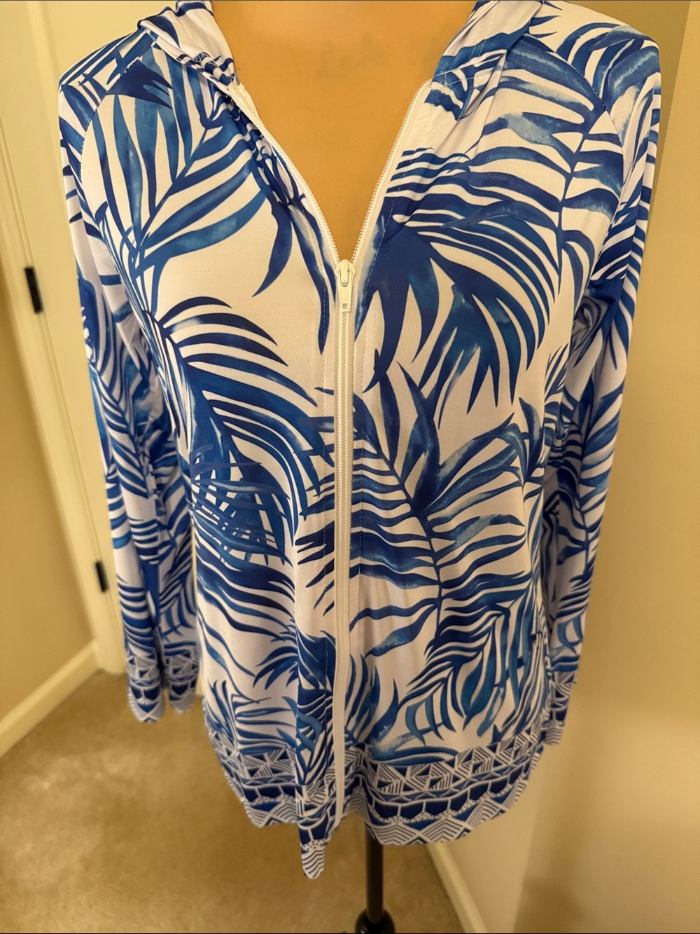 Women's Blue Palm-Print Zip Hoodie